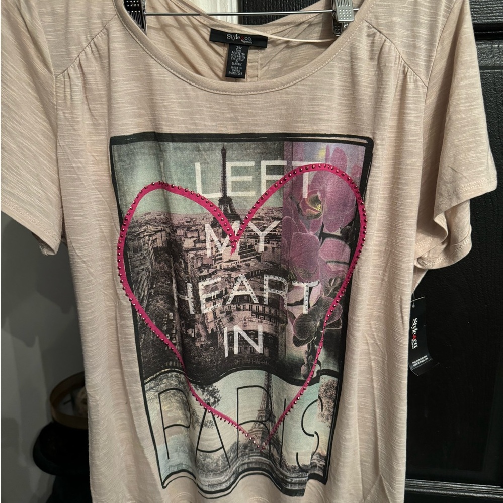 Style & Co Beige Graphic Tee with rhinestones pink & clear plus size 3X W NWT
